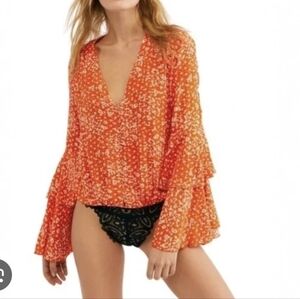 Free People Asymmetrical Orange Bodysuit with Bell Sleeves..SIZE:XS